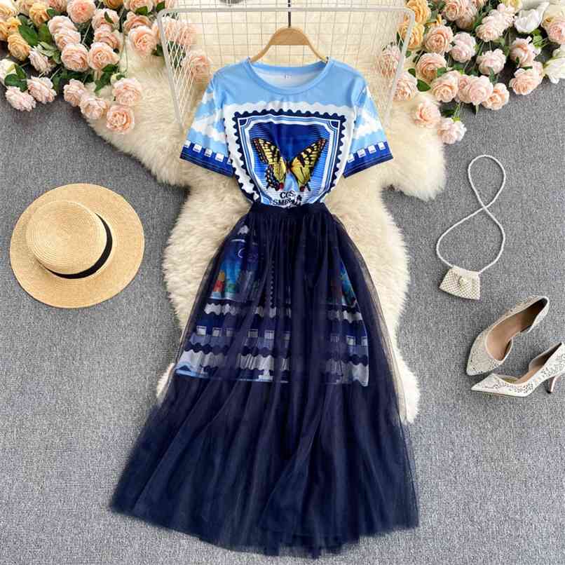

Runway Design Printted Tshirt Dress Suits for Women Summer Fashion O-neck Butterfly Letter Print Long + Mesh Skirt 210602, Blue