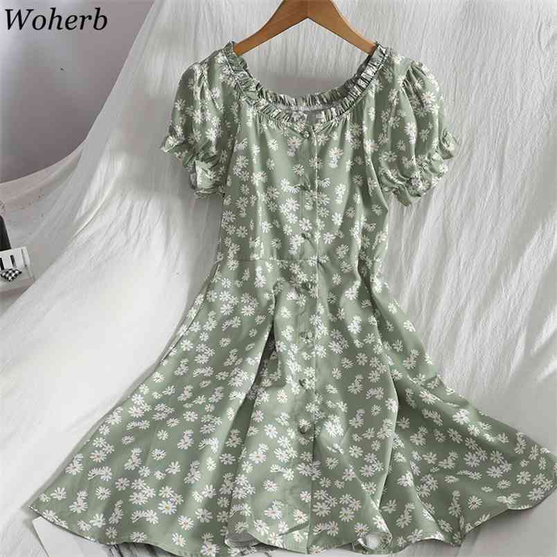 

Floral Dress Women Temperament Single Breasted Slim A Line Vestidos Summer Korean Robe Chic Ruffles Vintage Dresses 210519, Pink