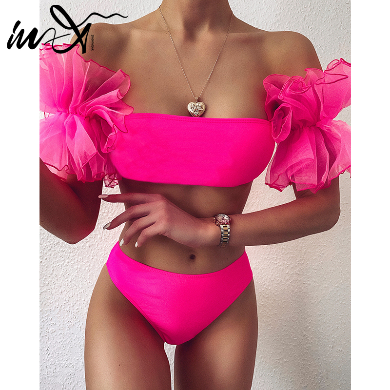 

In-X Mesh ruffle swimsuit female Sexy bandeau bikini 2021 Strapless swimwear women High waist bikini set Bla pink bathing suit