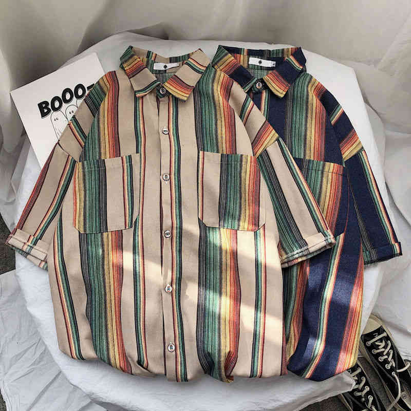 

men's casual shirts summer striped fashion contrast color short sleeve men streetwear wild loose dress mens s-2xl nkq4, White;black
