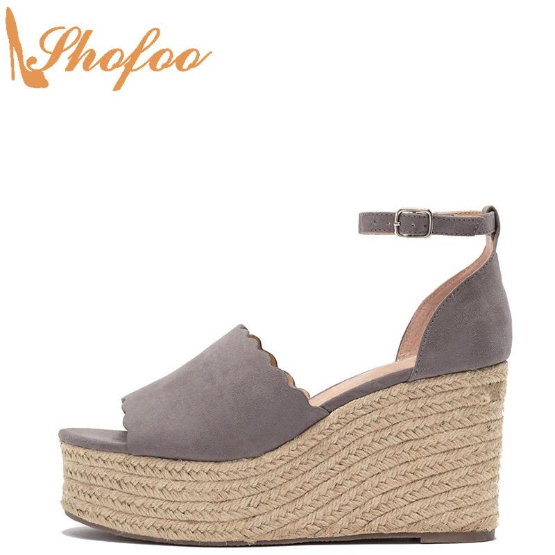 

Sandals Grey Platform High Wedge Heels Women Large Size 12 16 Ladies Fashion Scallop Trim Adjustable Buckle Strap Shoes Shofoo, Black