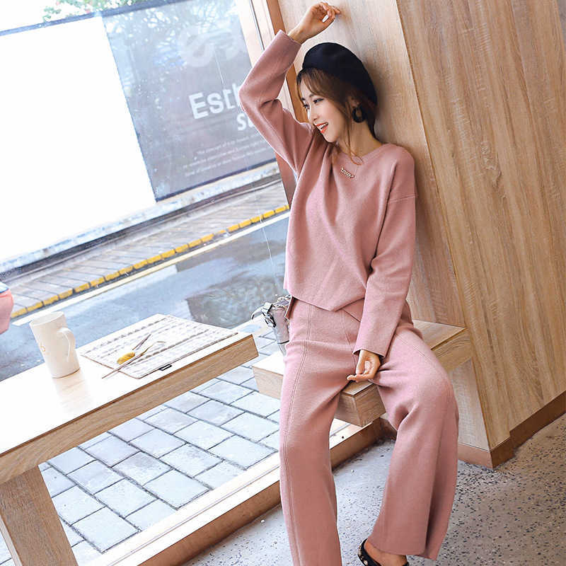 

autumn and winter women's sweater set Fashion Loose Solid Color Long Sleeve Knit Pullover Casual wide-leg pants two-piece 210527