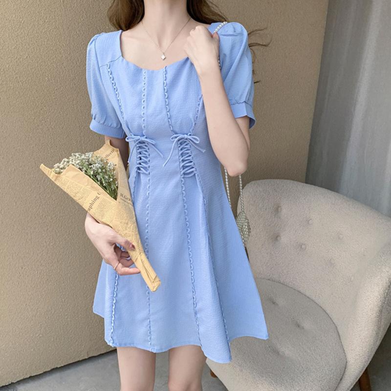 

Casual Dresses Elegant Square Collar Woman Dress Summer Robes Vintage A Line Puff Sleeve Mini Women Bandage Party Fashion 14890, Black;gray