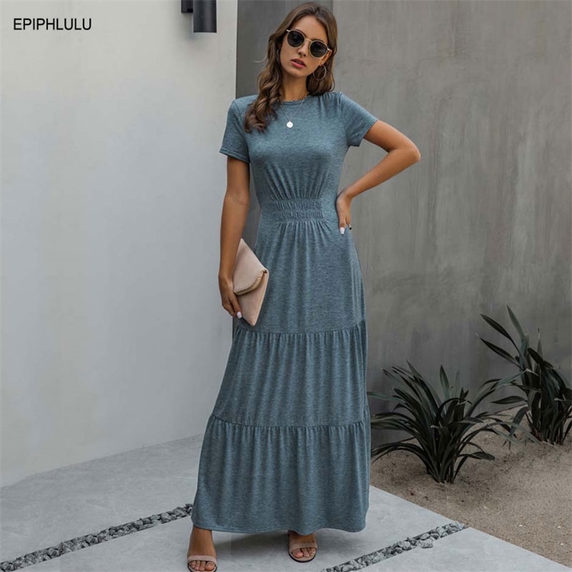 

Summer Maxi Dress Women High Waist Elegant Party Dress Ladies A Line Short Sleeve Long Robes Femme 2XL 210630, Dark grey