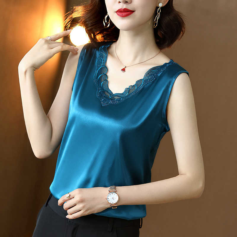 

Korean Silk Women Tops Woman Satin Embroidery Tank Sleeveless V Neck Plus Size Elegant Lace White 210604, Black