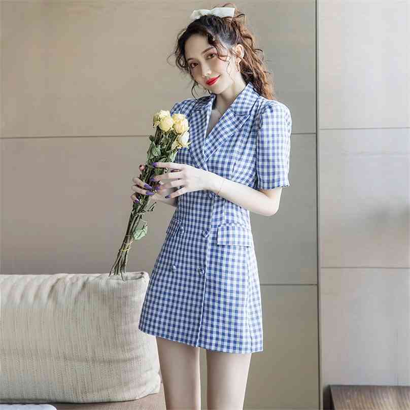 

Blue Plaid Mini Dress for women Summer Short Sleeve notched cotton Blazer Dresses Ladies Sexy Office 210602