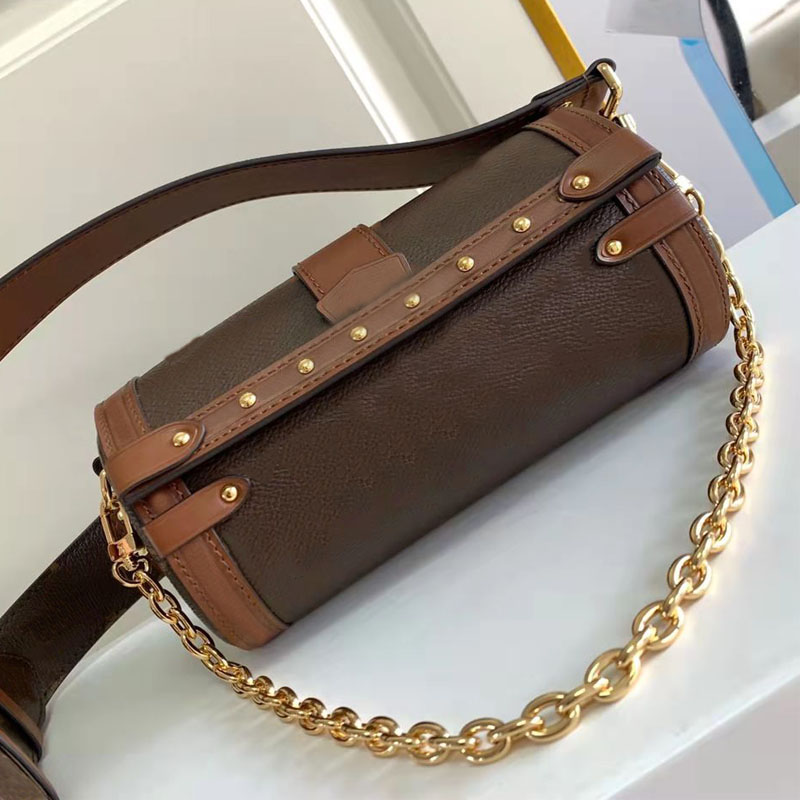 

2022 Chain underarm duffel bag Barrel Shaped Crossbody Bags Plain Letter Genuine Leather Chains Sequins Hasp Flap Hard Canvas Retro wild Designer Shoulder Handbag, Black