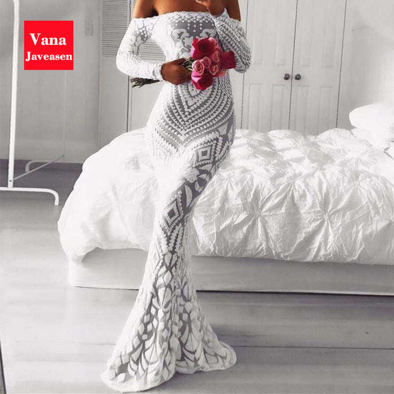 

Slash Neck Slim Lace Fishtail Dress party Women Elegant Long Sleeve Embroidered White Dresses woman Evening Bride Smaid Vestidos, Black