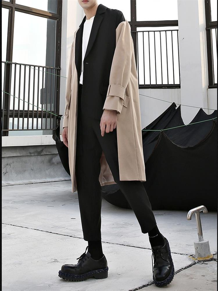 

Men' Trench Coats Irregular Color Splicing Design In The Long Windbreaker Coat Couples With Same Leisure Large Size, Champagne
