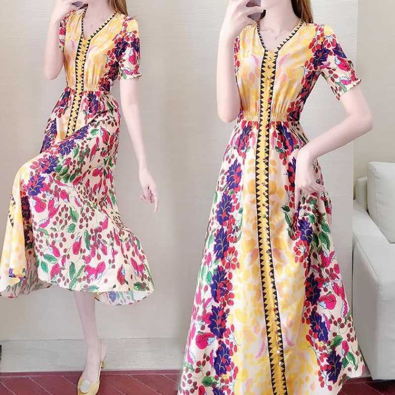 

Retro chiffon dress summer floral ethnic style Office Lady Chiffon Polyester Knee-Length Short 210603, Mixed