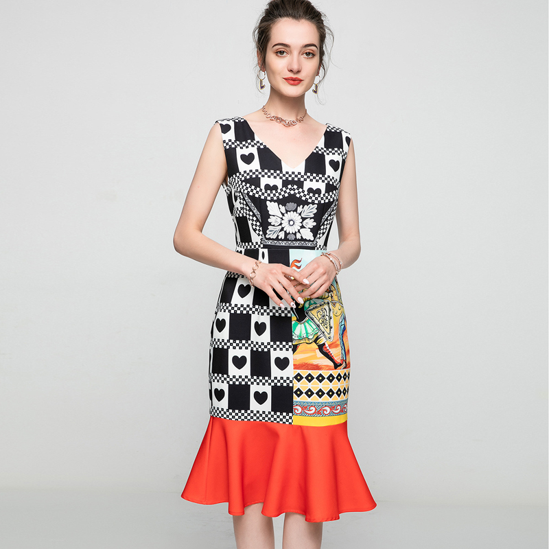 

Women's Runway Dresses Sexy V Neck Sleeveless Vintage Printed Ruffles Patchwork Fashion Mermaid Dress Vestidos, Black
