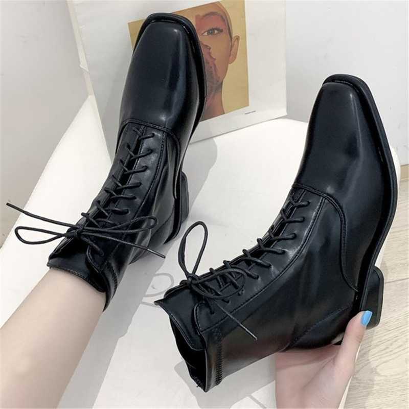 

Boots Autumn Winter High Quality Leather Pointed Toe Lace Up 2021 Fashion Women Anti-slip Wear-resistant Ankle, Black