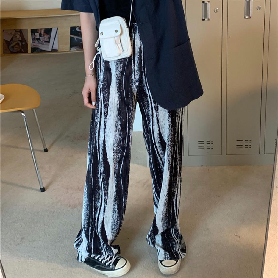 

high elastic waist printed long womens pant pleated wide leg trouser loose fit women fashion tide spring summer rendering, Black;white