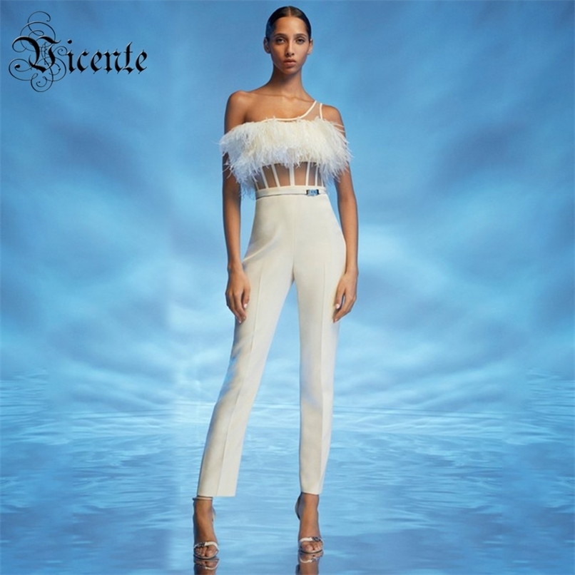 

Chic Feather Embellished Striped Voile Splicing Sexy One Shoulder Celebrity Party Bandage Jumpsuit 210520, Beige