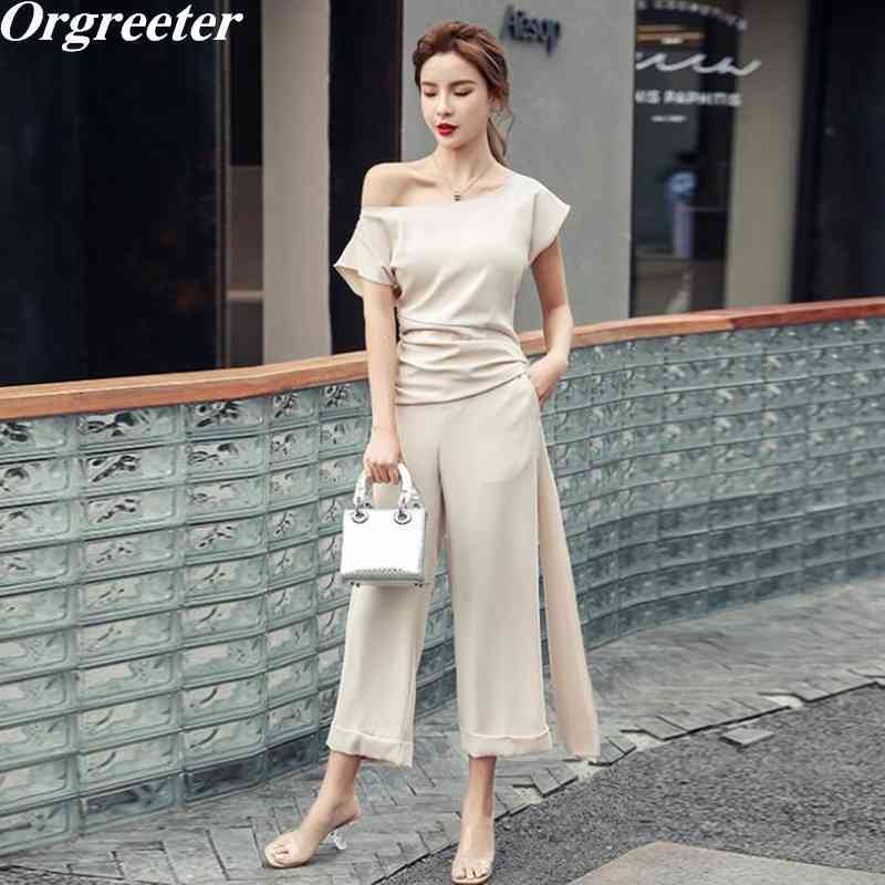 

Summer Wide-leg pants Suit Female Fashion Temperament Slash neck Lace-up Crop Tops Shirt and Pants Two piece set Women 210525, Picture color