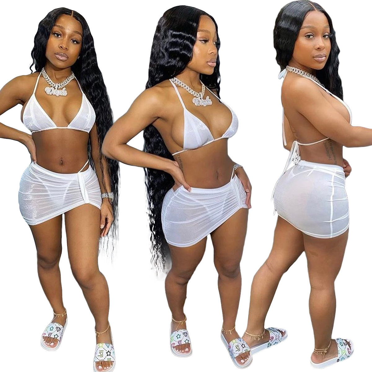 

2021 Crop Top 2 Piece Dress Set Swimwear For Women Summer Sexy Beachwear Mesh Halterneck Swimsuit Bikini Suit 835, White;black