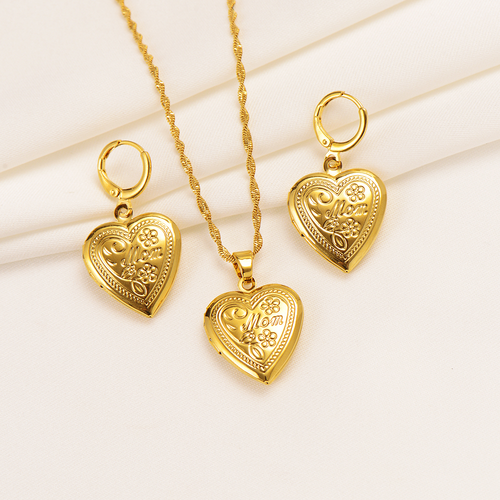 Women 18k Solid Fine Gold GF Necklace earring Virgin Mary Open flower heart Pendant Mam Faith Jewelry Sets-image-720747437