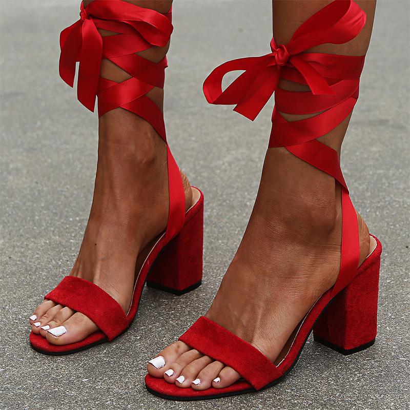 

Sandals Women Gladiator Ladies Cross Tied Square High Heels Summer Female Open Toe Shoes 2021 Women's Casual Footwear Plus Size, Red