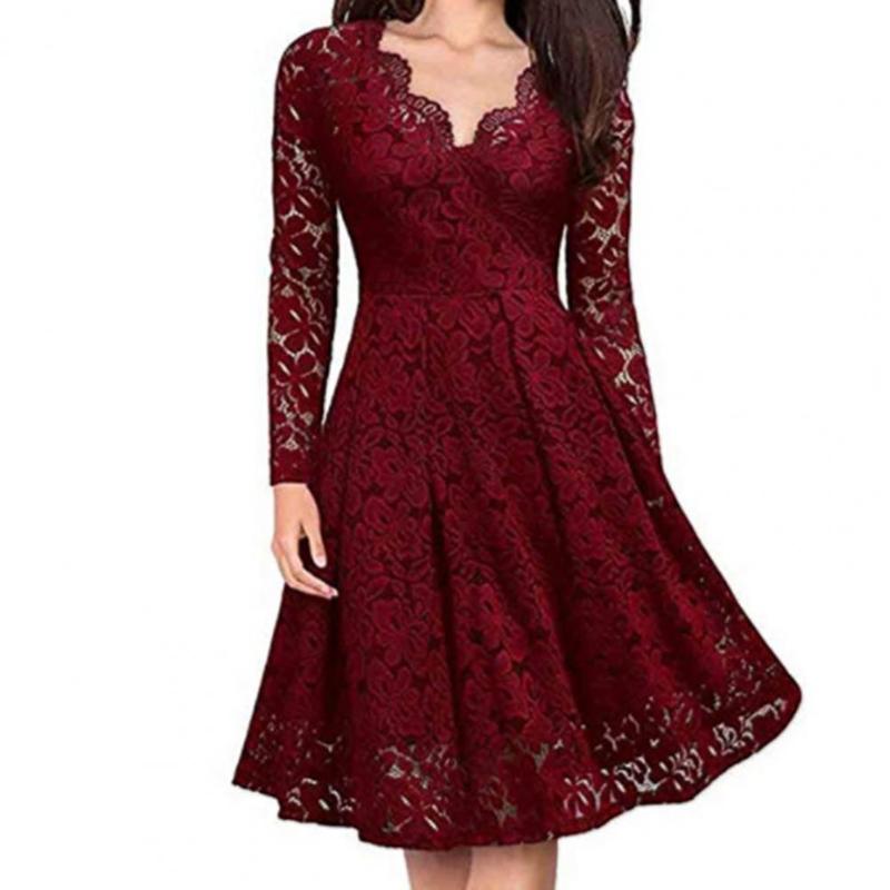 

Casual Dresses Women Dress Lace Hollow Out Autumn Winter Solid Color Floral Pattern A-line, Black