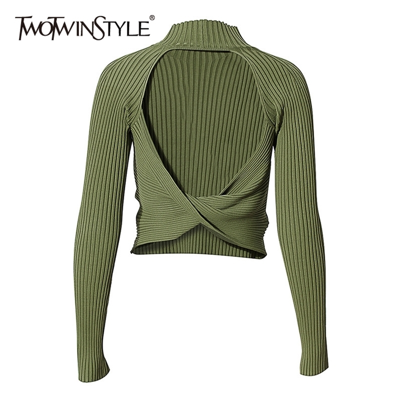 

Hollow Out Sweater For Fmael Stand Collar Long Sleeve High Waist Slimming Women' Sexy Fashion 210524, Yellow