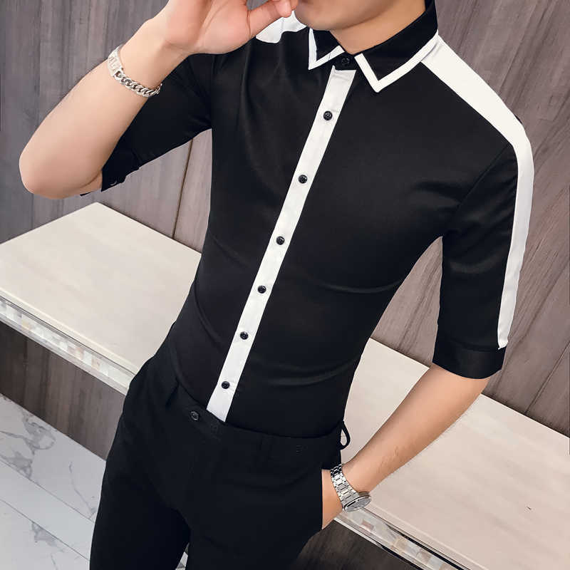 

Fashion Spring Summer Half Sleeve Men Shirt Slim Fit Simple All Match Patchwork Color Night Club Prom Tuxedo Casual Blouses 210721, White