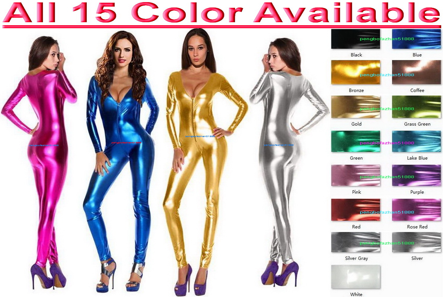 

Sexy Women V-Neck Body Suit Costumes 15 Color Shiny Lycra Metallic Women's Tights Catsuit Costume Halloween Party Fancy Dress Cosplay Bodysuit P005, Blue