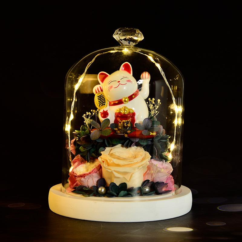 

Decorative Flowers & Wreaths Eternal Rose With Lucky Cat Artificial Flower Feng Shui Figures Decoration In Glass For Valentine Gift Year Dec, Huang
