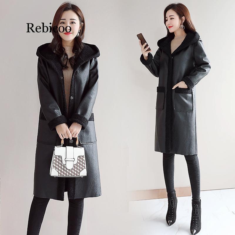 

Women's Fur & Faux Coat Winter Thermal PU Leather Jackets High Quality Ladies Long Parkas Black Hooded Outerwear