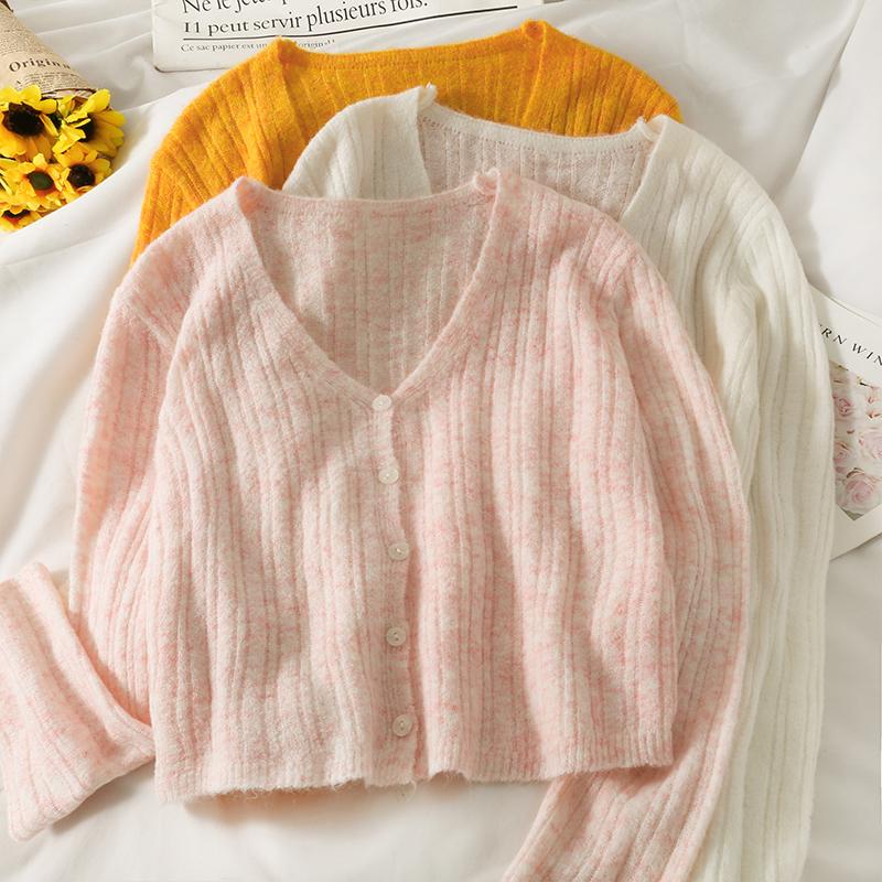 

Women's Knits & Tees Cardigan Sweet Gentle Korean Chic V Neck Long Sleeve Pink Striped Knitted Sweater Coat Sueters De Mujer Fashion Slim Wi, White