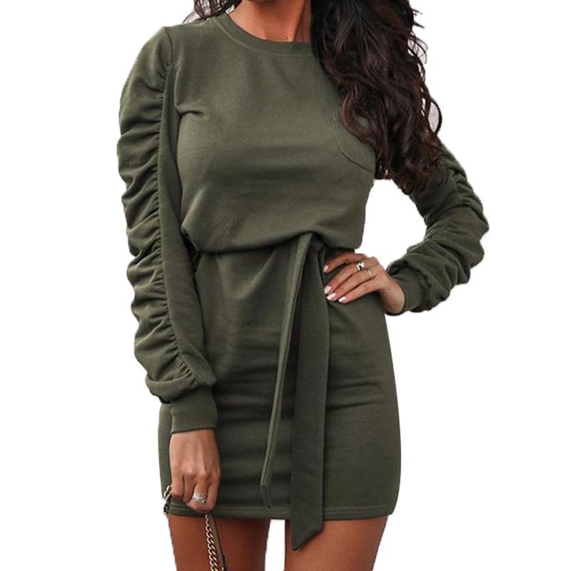 

Lace Up Dress Women 2021 Spring Summer Long Sleeve O-Neck Solid Color Female White Black Slim Tight Casual Dresses