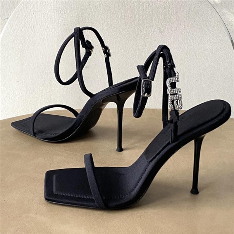 

sandals aw rhinestone letter female 2021 summer word buckle square toe open black net red high heels