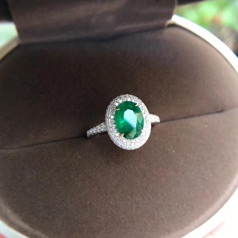 

Jewelry 18K White Gold 1.7ct Natural Emerald Ring Anniversary Oval Cut Green Gemstone Women Cluster Rings