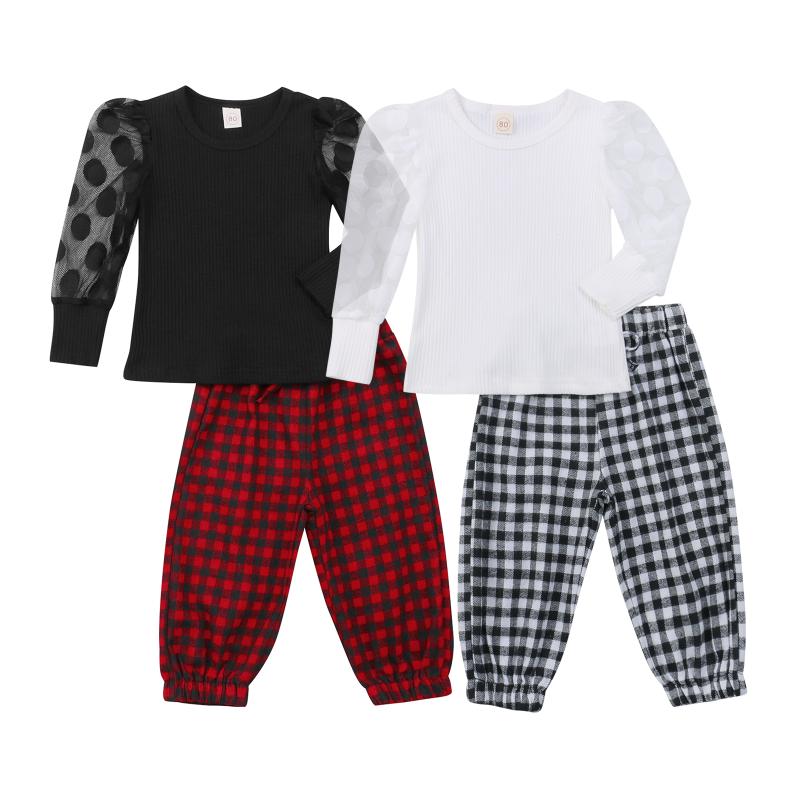 

Clothing Sets 2Pcs Toddlers Summer Tracksuits, Ribbed Stitching Long Sleeves Blouse + Plaid Casual Pants For Girls, 1-5 Years, White