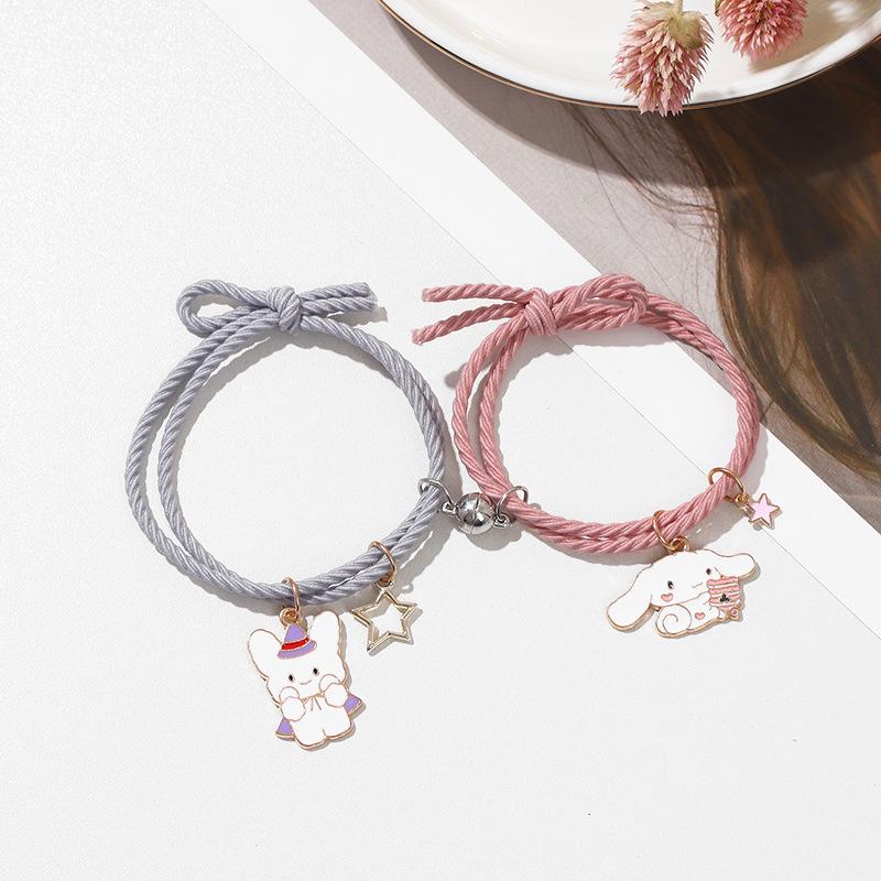 

2pcs/pair Cute Cartoon Animal Bracelet For Couples In Love Elastic Hair String Paired Magnet Braslet Friend Braclet Gift Charm Bracelets, Golden;silver