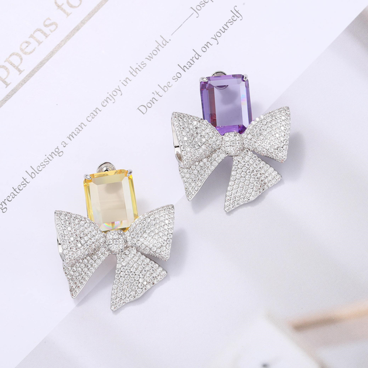 Spring/summer 2021 925 silver Stud micro-inlaid zircon semi-precious stone close-knit cloth inlaid bow earrings yellow treasure amethyst-image-712081285