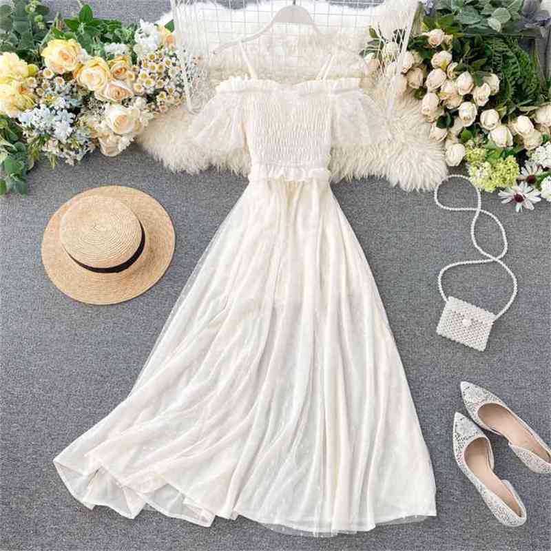 

Women Patchwork Tulle Dress Fashion Summer Ruffles Off Shoulder Slim A-line Boho Dresses Elegant Ladies Party Long Robe 210525