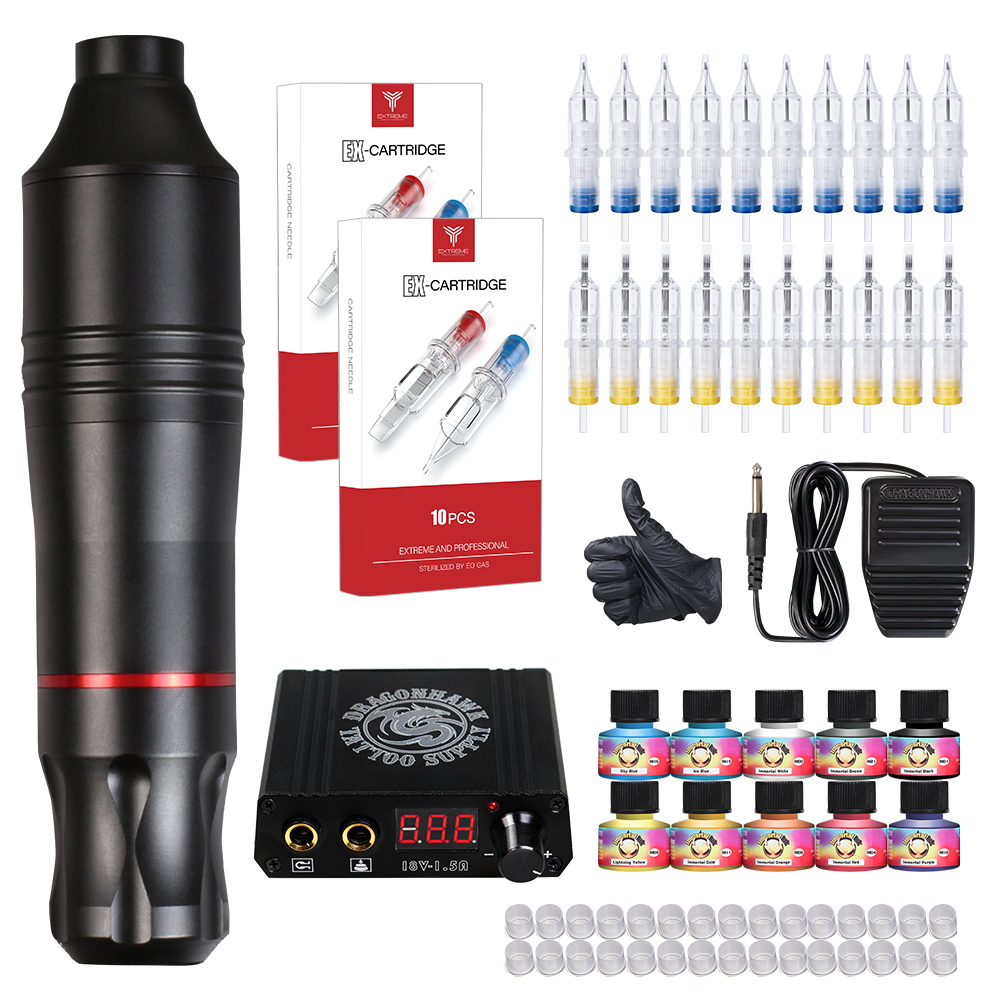 

Complete Tattoo Kit Motor Pen Machine Gun 10 Color Inks Power Supply Needles D3017