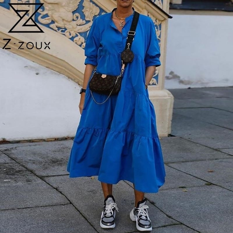 

Women Dress Puff Sleeve Casual Blue Gresses Plus Size Loose Long Dresses Summer Clothes 210524
