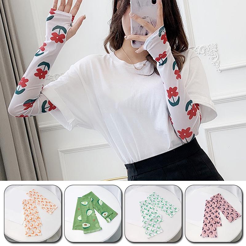 

Five Fingers Gloves Fruit Flowers Print Sunscreen Cycling Summer Silk Arm Sleeve Half Finger Fingerless UV Long Warmers Sports, Blue;gray