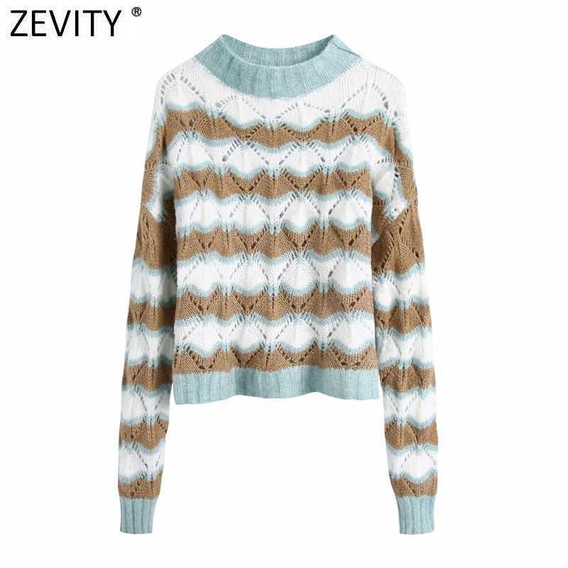 

Zevity Women Fashion O Neck Color Matching Hollow Out Crochet Short Knitting Sweater Female Chic Casual Pullovers Tops S571 210603, As pic s571bb