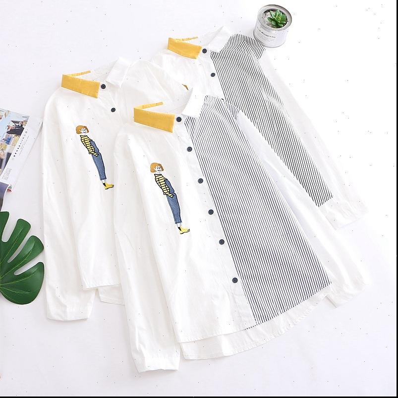

h.sa and long sleeve womens shirts patchwork neck striped button up casual street spring cute, White