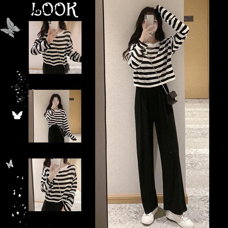 

Women's Two Piece Pants Women Sets Casual Fashion Full Length Baggy Wide Leg T-shirts Female Sweet Long Sleeve Autumn Girls Street Korean St