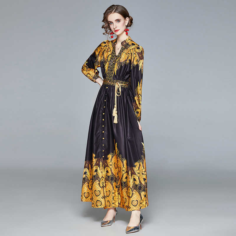 

Women Elegant Vintage Print Long Dress Fashion Slim Sexy Lady V Neck Puff Sleeve Casual Party Dresses Vestdios With Belt 210525, Gold
