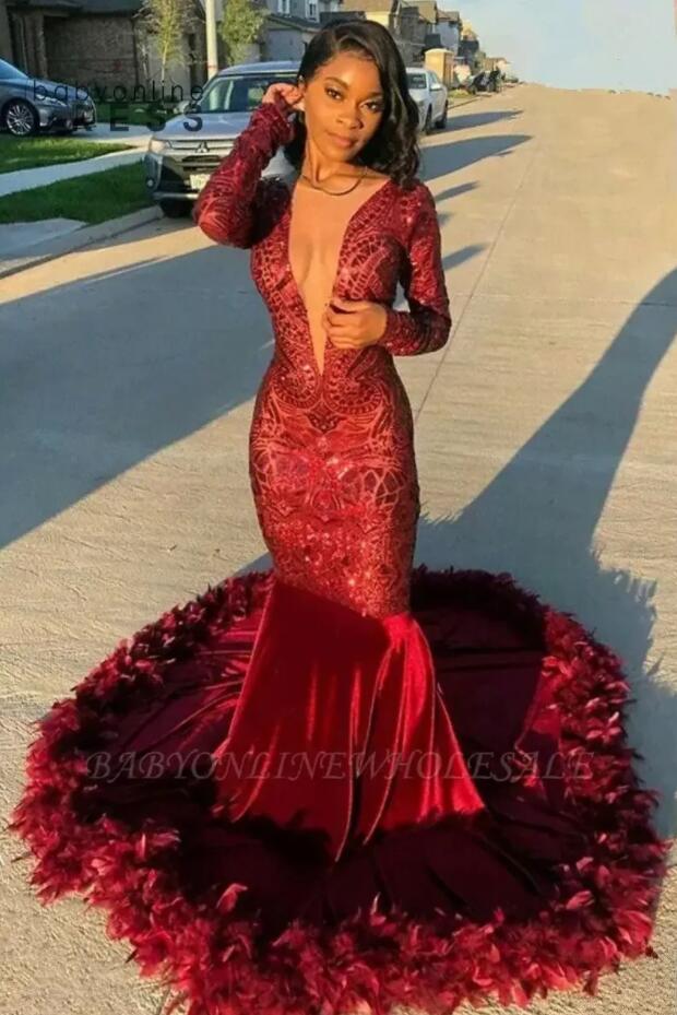 

Dark Red V Neck Long Sleeves Feather Mermaid Prom Dresses Sparkling Sequined Lace Sweep Train Formal Party Evening Gowns VOG343, Black
