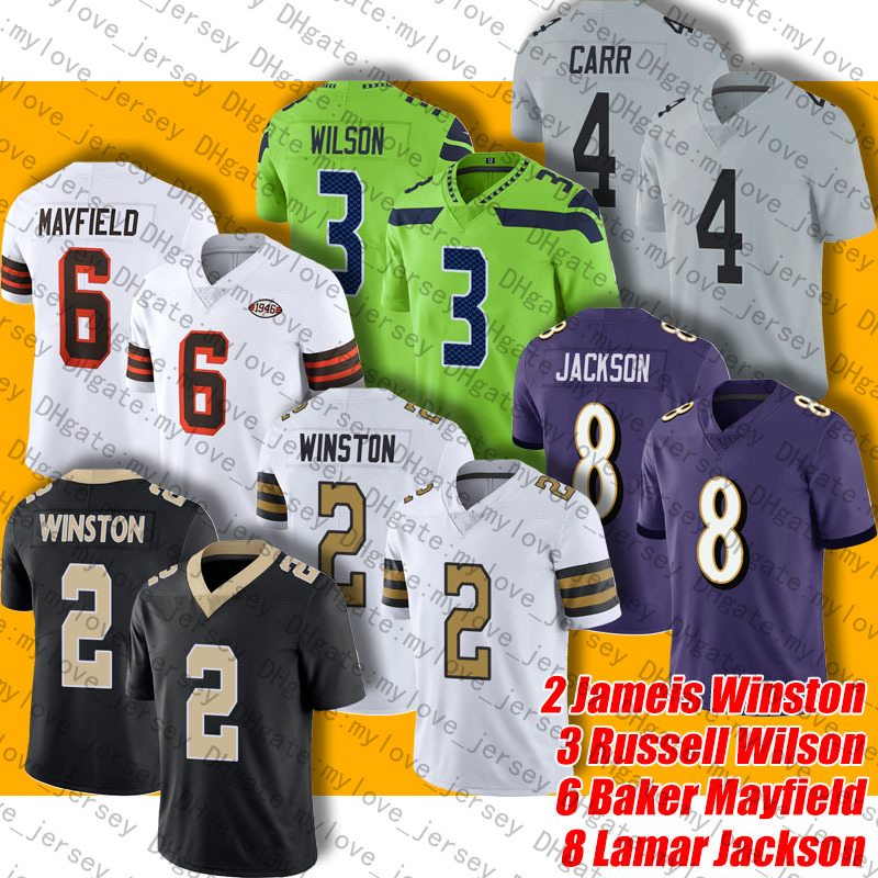 

8 Lamar Jackson Jersey 2 Jameis Winston 3 Russell Wilson Baker Mayfield Derek Carr Jerseys RavensBrownsSaintsSeahawksRaidersFootball