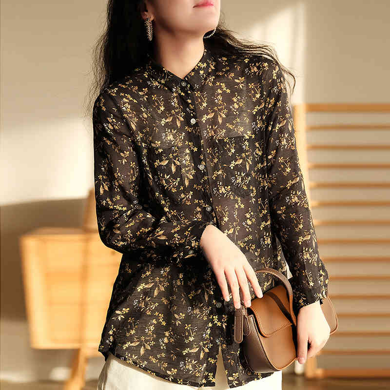 

Johnature Women Vintage Casual Linen Print Shirts Full Sleeve Tops Turn-down Collar Blouses Summer Button Loose Shirts 210521, Yellow leaves