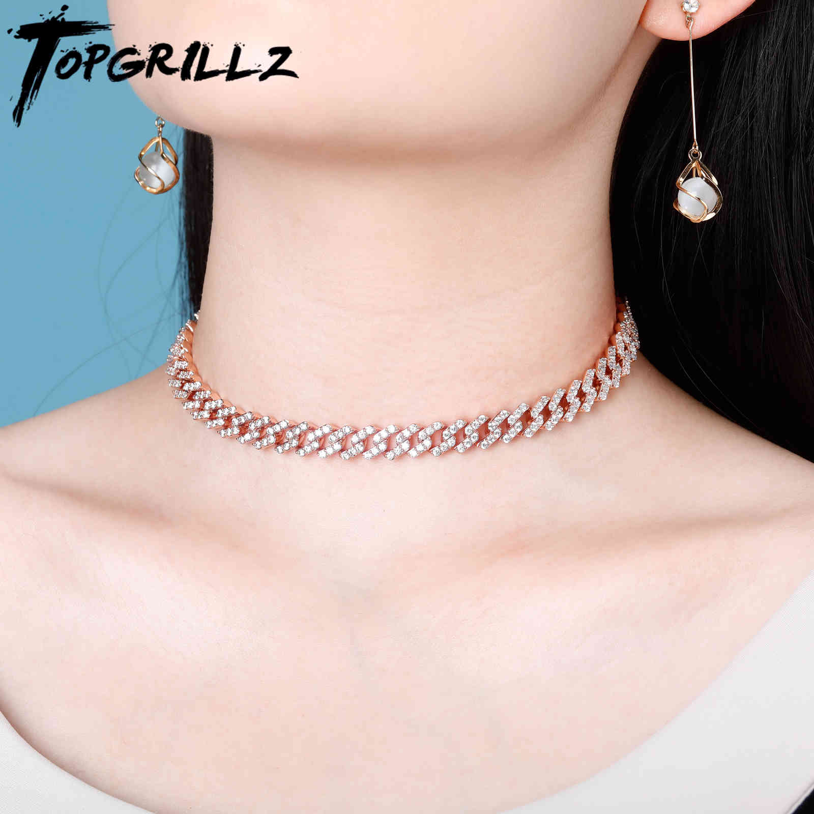 

TOPGRILLZ 10mm Chokers Necklace Cuban Link Chain gold Silver Color Necklace Iced Out Cubic Zirconia Jewelry For Gift 1415 X0509