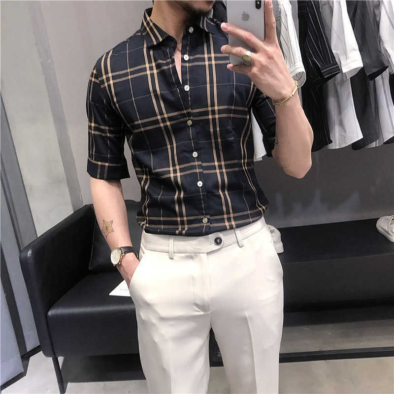 

High Quality Plaid Shirt Men Summer Half Sleeve Slim Fit Business Formal Dress Shirts Social Party Casual Male Clothing Camisas 210527, Cyan-blue