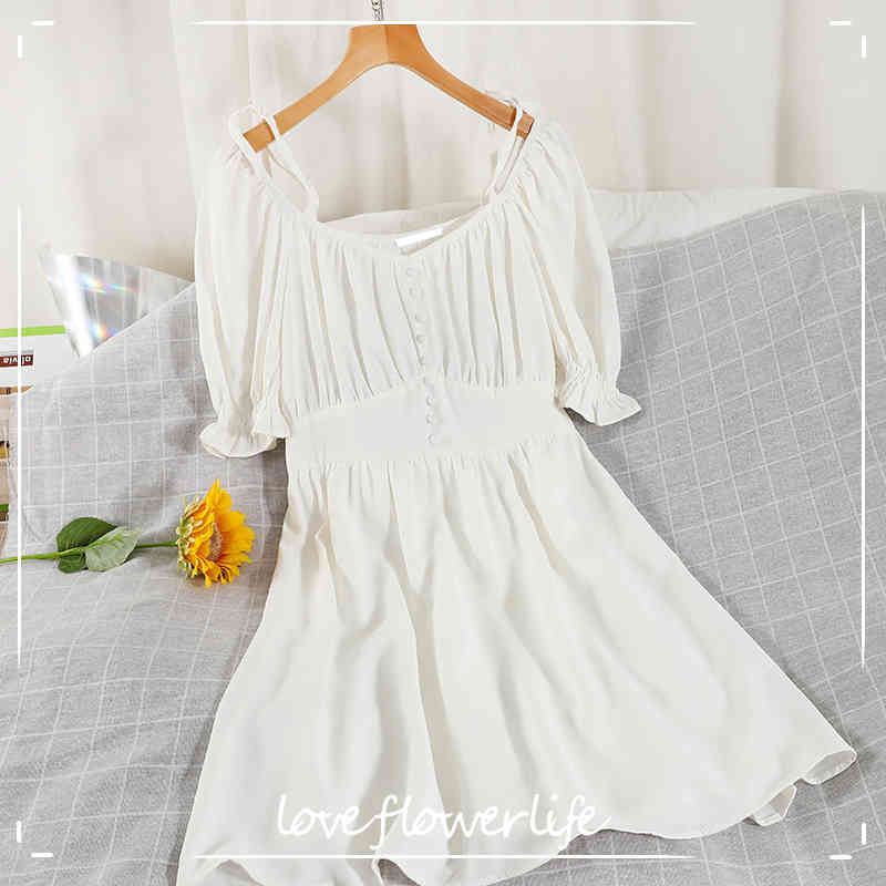 

LoveFlowerLife Summer Solid Casual Sweet Dress A Line V Neck Puff Sleeve Button Mid-Calf High Waist Women Dresses 210521, Apricot