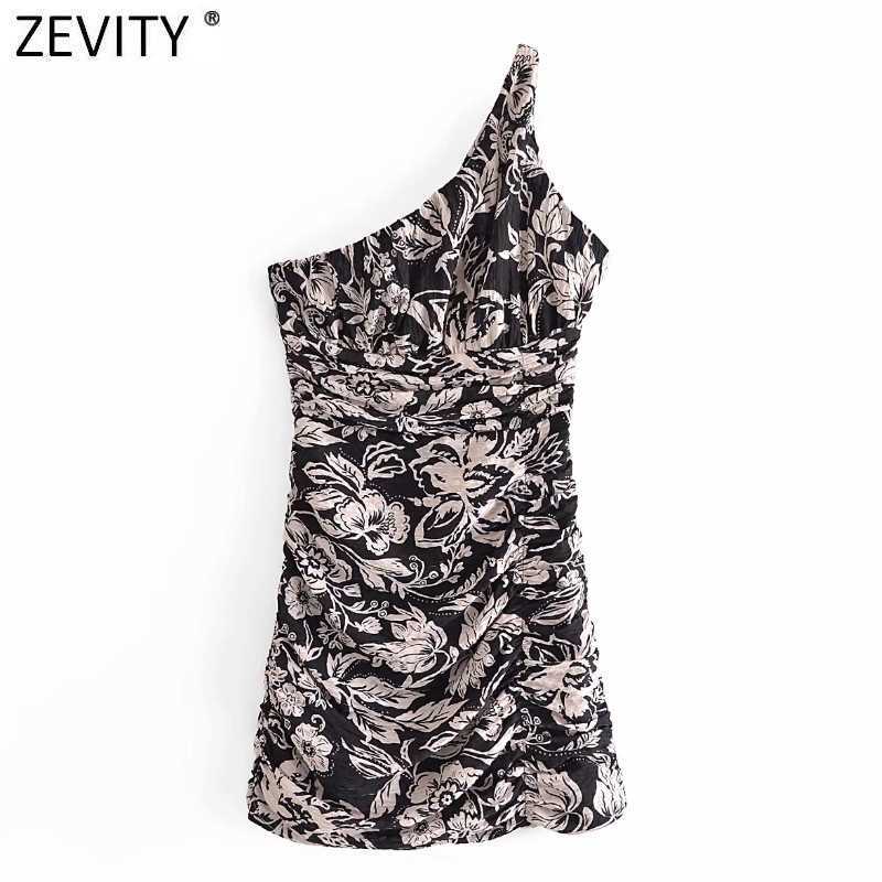 

Zevity Women Sexy Sinlge Shoulder Floral Print Slim Asymmetrical Dress Female Pleated Vestido Chic Summer Beach Dresses DS8337 210603, As pic ds8337dwdd